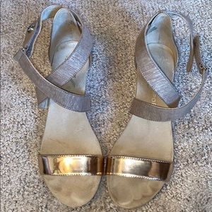 AK Sport Silver & Gold strap wedgie heels